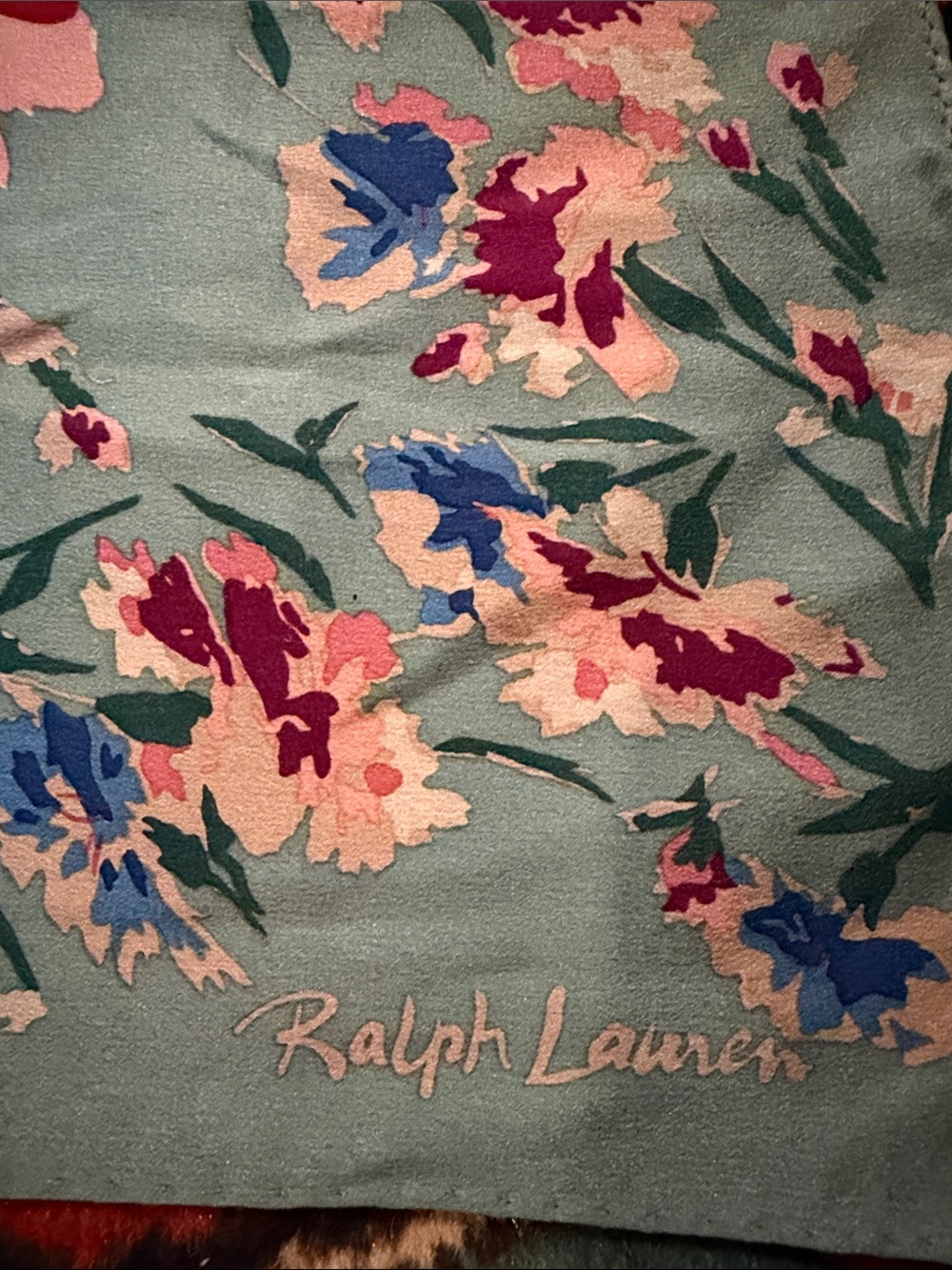 Vintage Ralph Lauren Green, Red Multi Colored Floral Design Silk Square Scarf - Picture 2 of 7